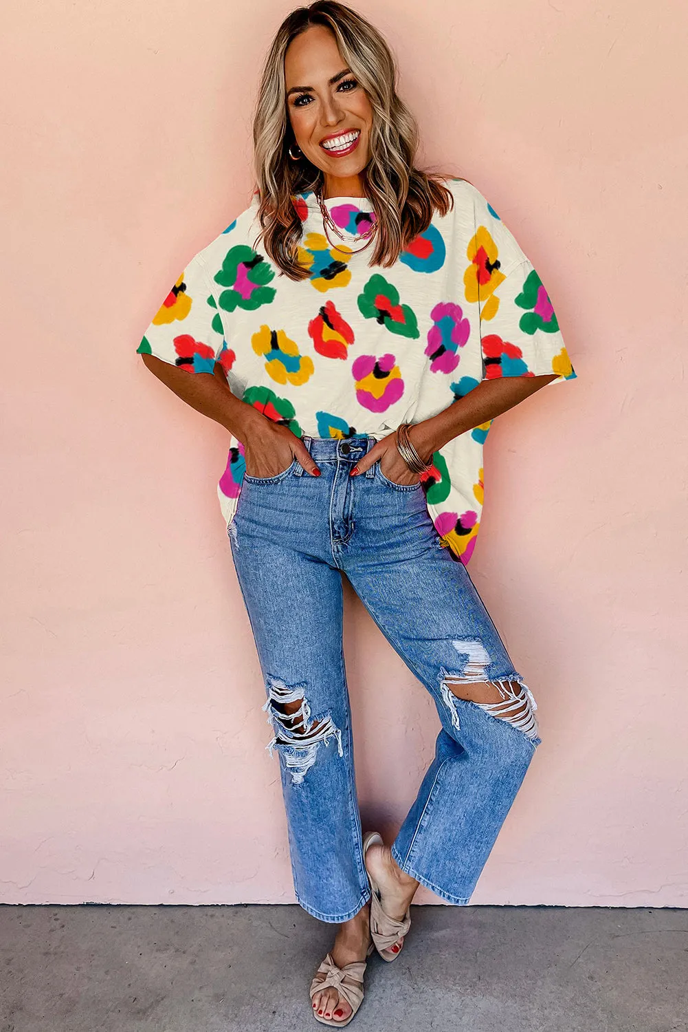 Apricot Leopard Drop Shoulder oversize Tee