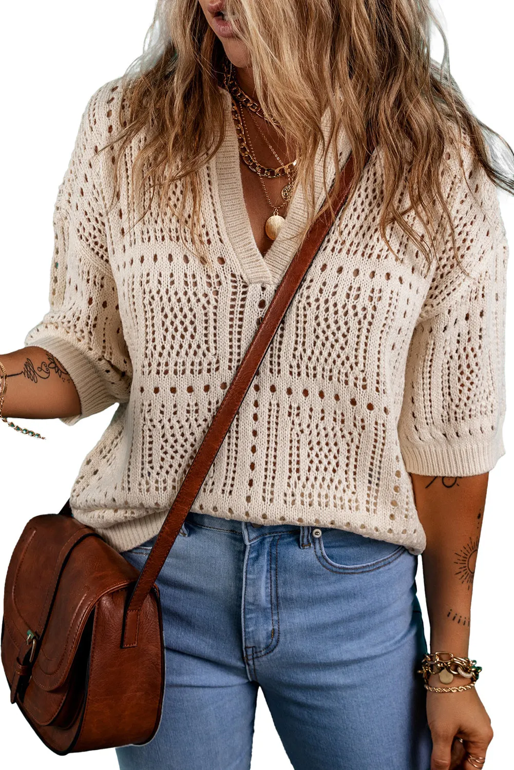 Apricot Polo Collar Hollwed Knit Short Sleeve Top