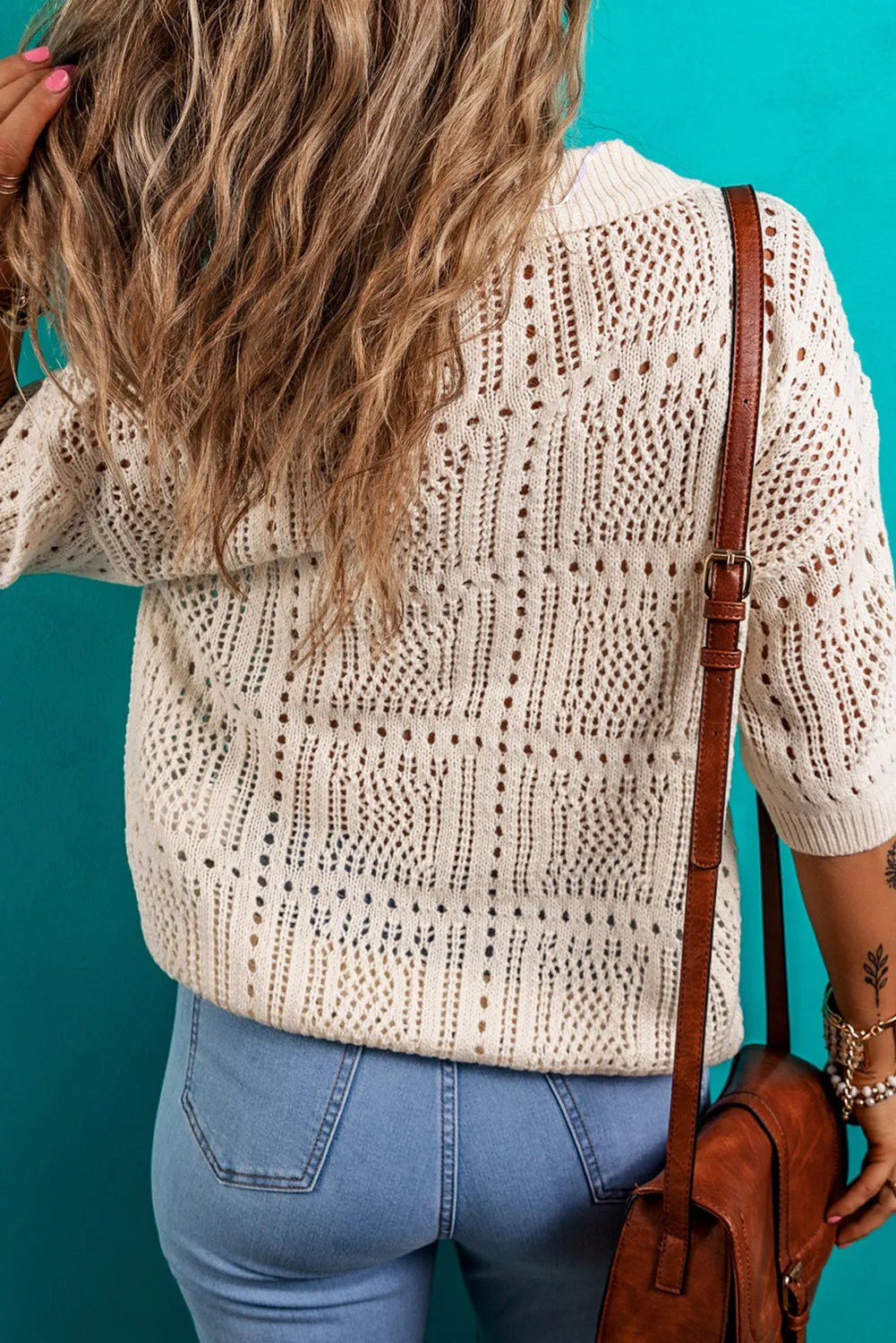 Apricot Polo Collar Hollwed Knit Short Sleeve Top