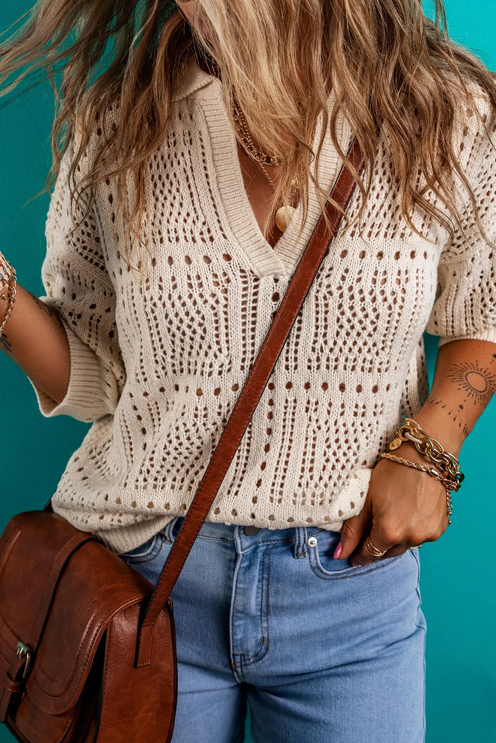 Apricot Polo Collar Hollwed Knit Short Sleeve Top