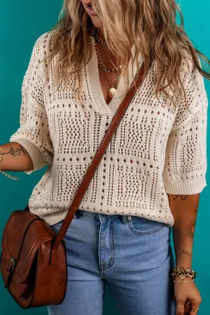 Apricot Polo Collar Hollwed Knit Short Sleeve Top