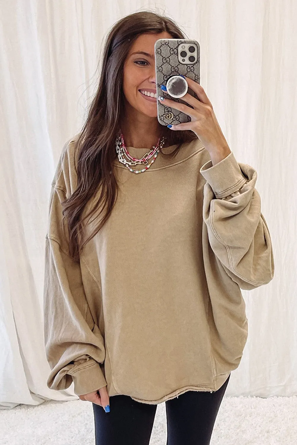 Apricot Ribbed Trim Wide Neckline Slouchy Sweatshirt