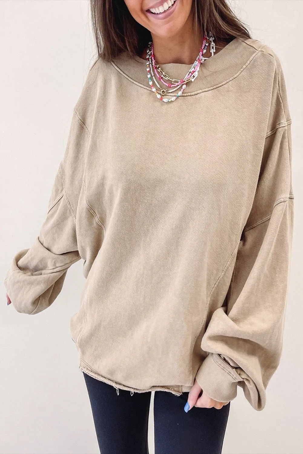 Apricot Ribbed Trim Wide Neckline Slouchy Sweatshirt