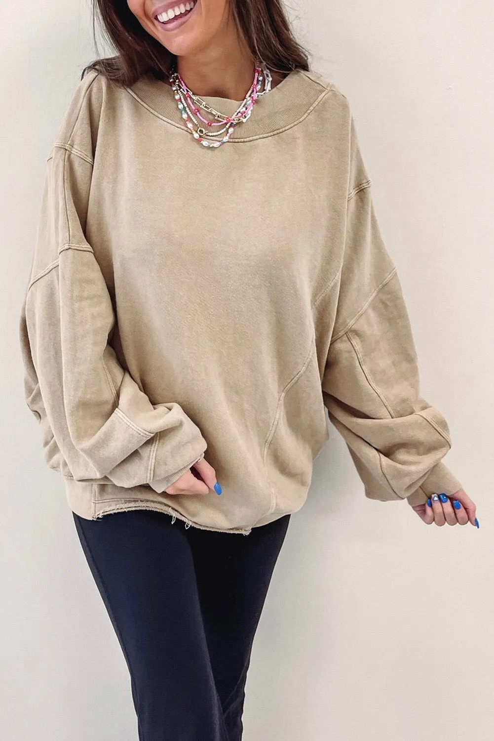 Apricot Ribbed Trim Wide Neckline Slouchy Sweatshirt