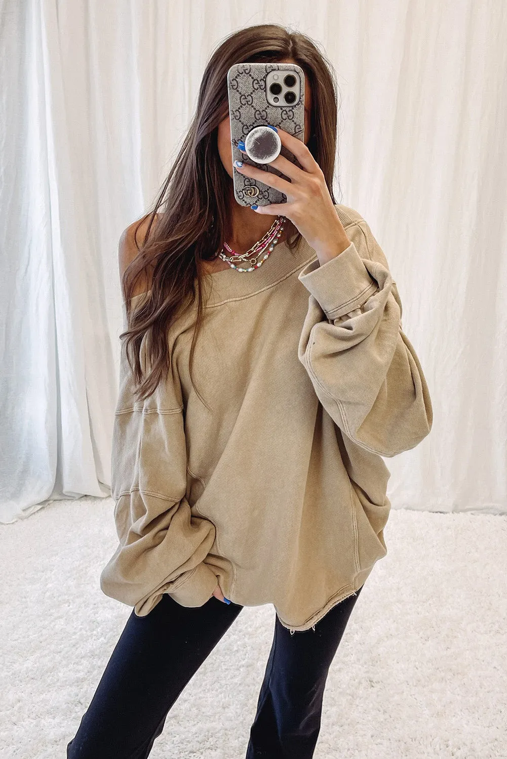 Apricot Ribbed Trim Wide Neckline Slouchy Sweatshirt