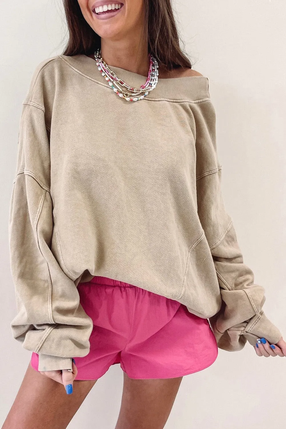 Apricot Ribbed Trim Wide Neckline Slouchy Sweatshirt