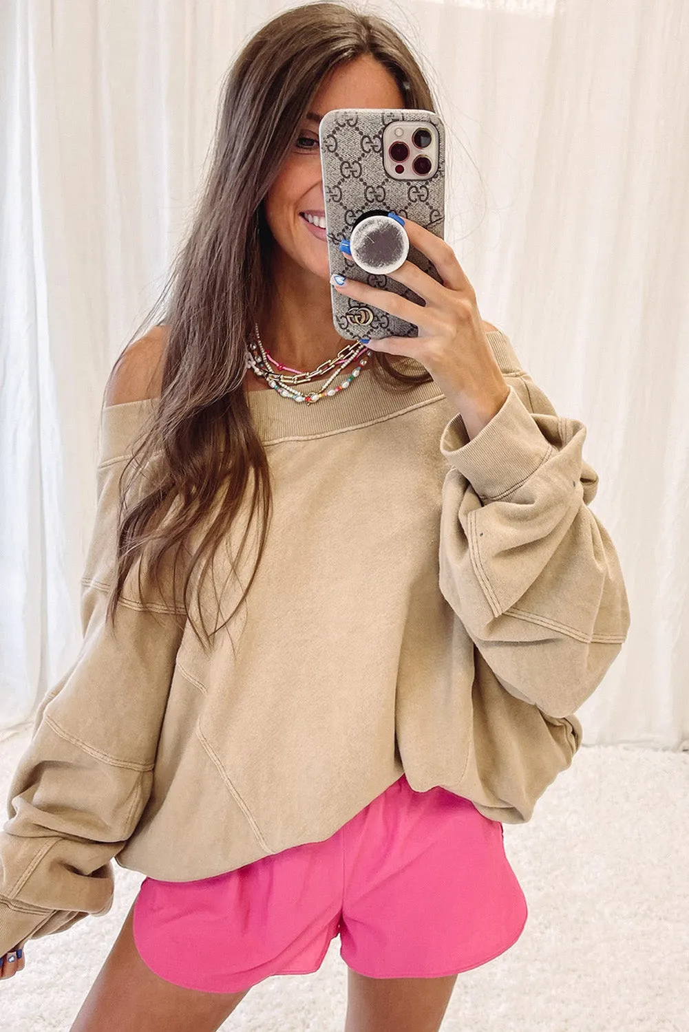 Apricot Ribbed Trim Wide Neckline Slouchy Sweatshirt