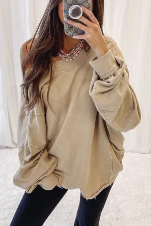 Apricot Ribbed Trim Wide Neckline Slouchy Sweatshirt