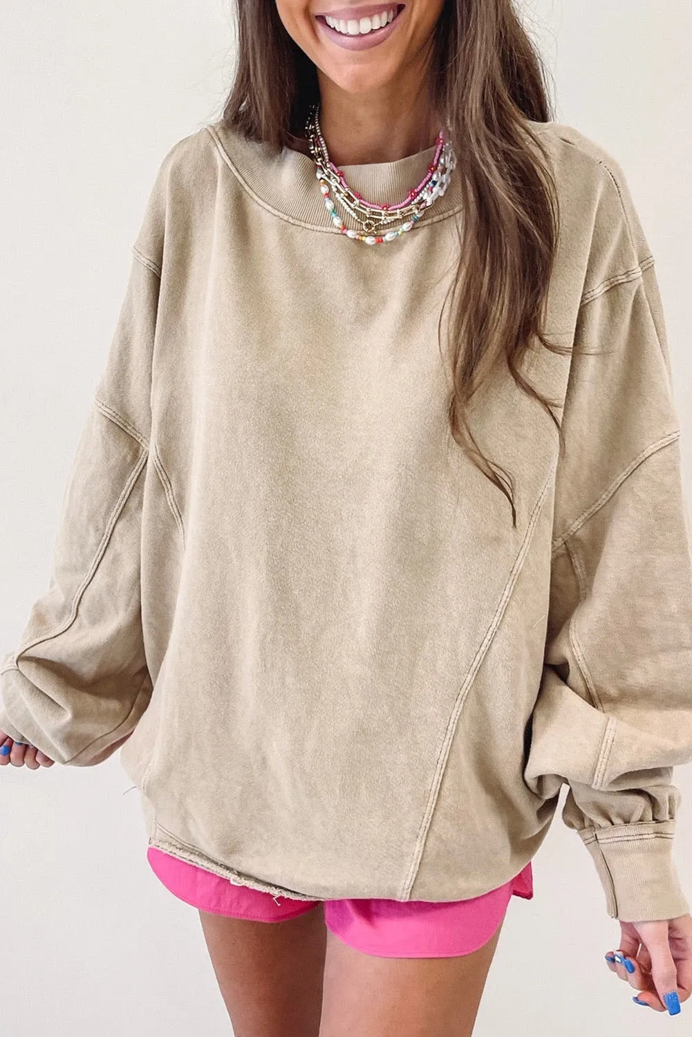Apricot Ribbed Trim Wide Neckline Slouchy Sweatshirt