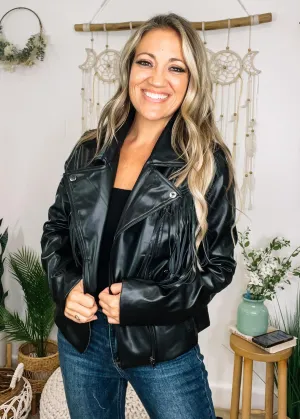 Black Fringe Faux Leather Jacket
