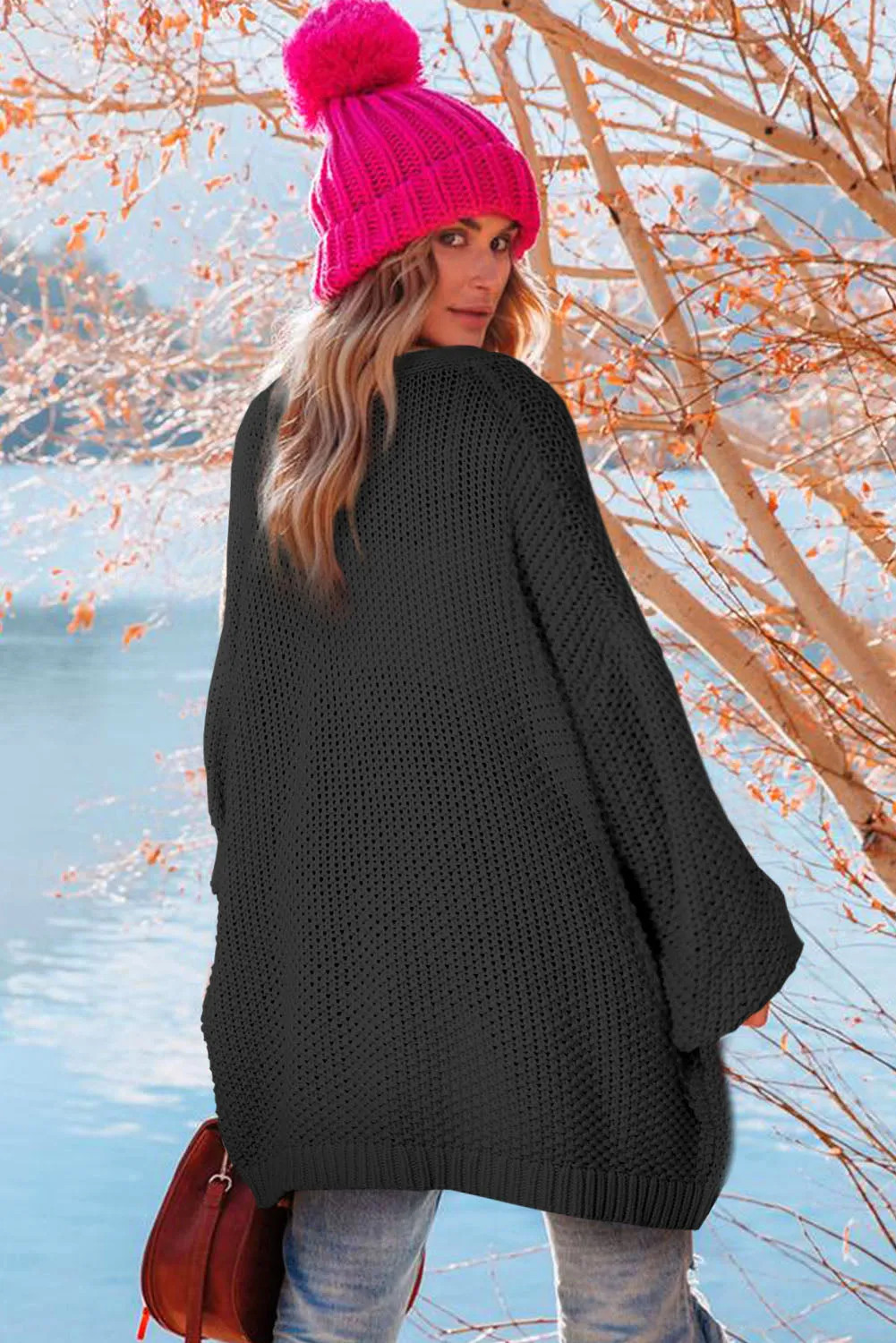 Black Multicolor Hollowed Stripe Knit Slouchy Pocketed Cardigan
