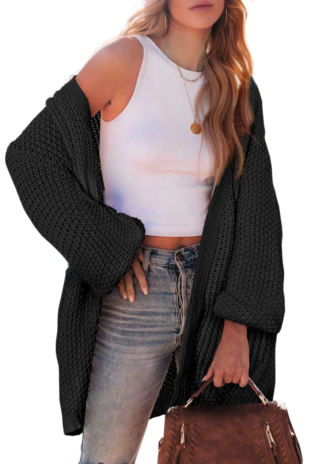 Black Multicolor Hollowed Stripe Knit Slouchy Pocketed Cardigan