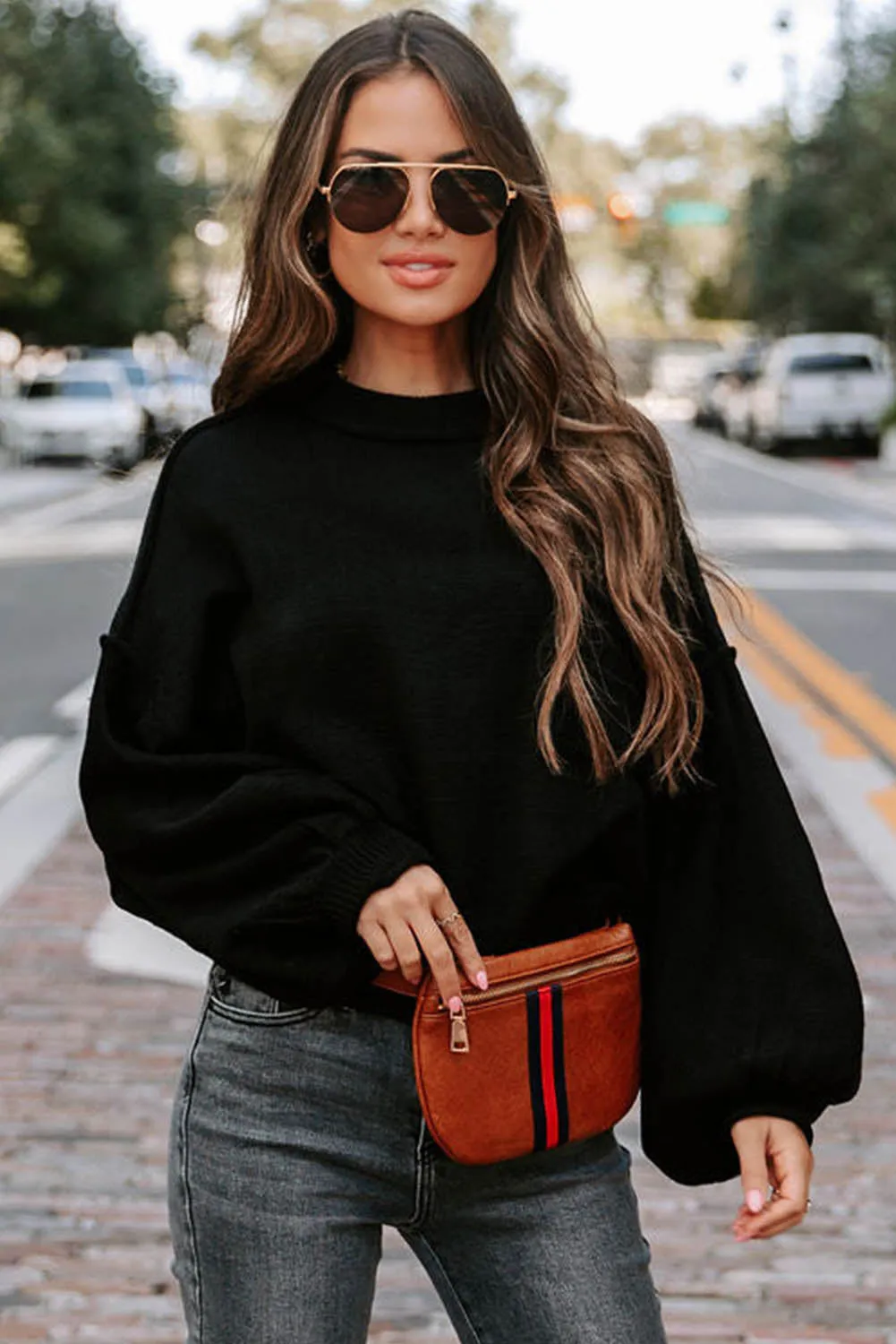 Black Raw Edge Patch Pocket Exposed Seam Loose Sweater