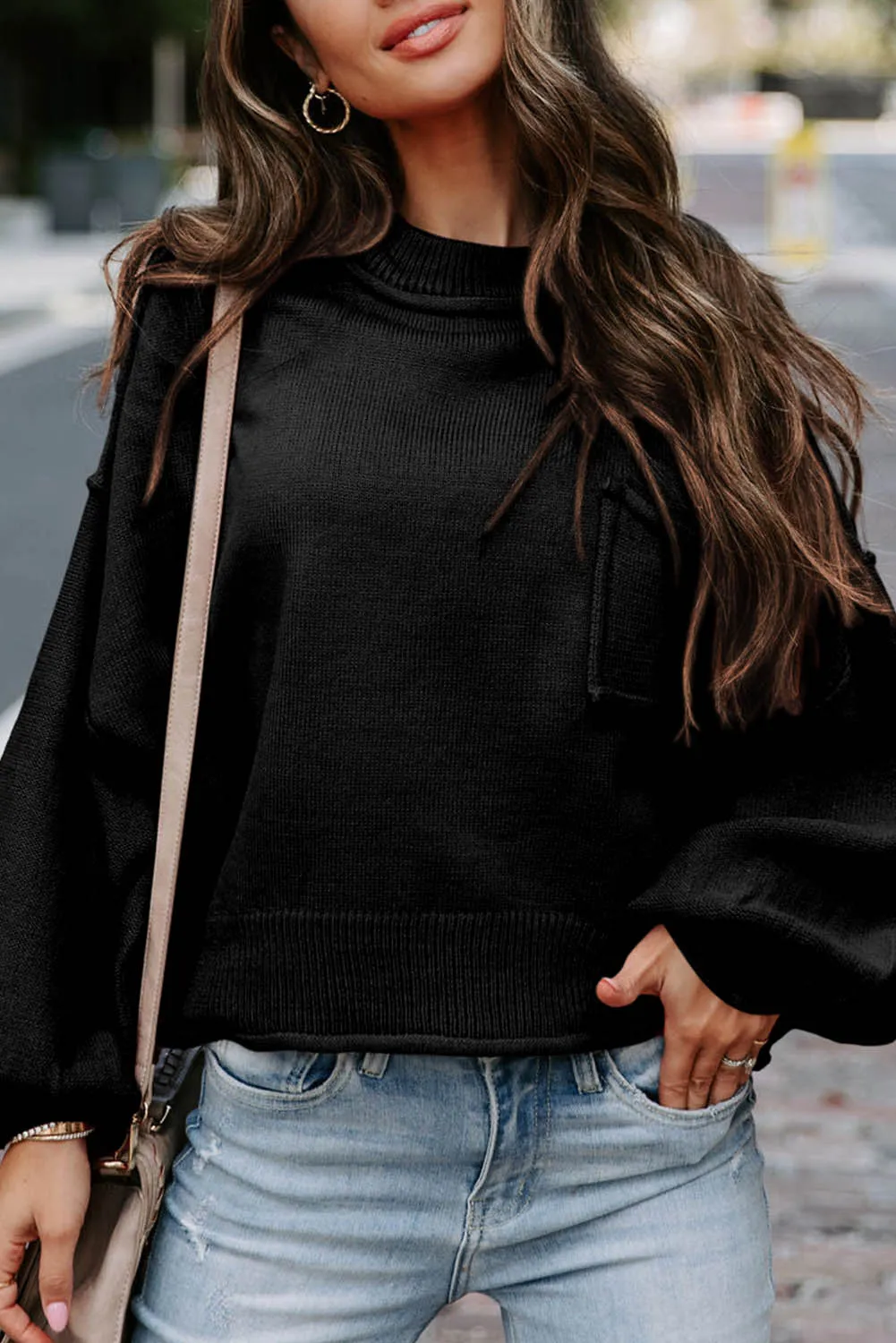 Black Raw Edge Patch Pocket Exposed Seam Loose Sweater