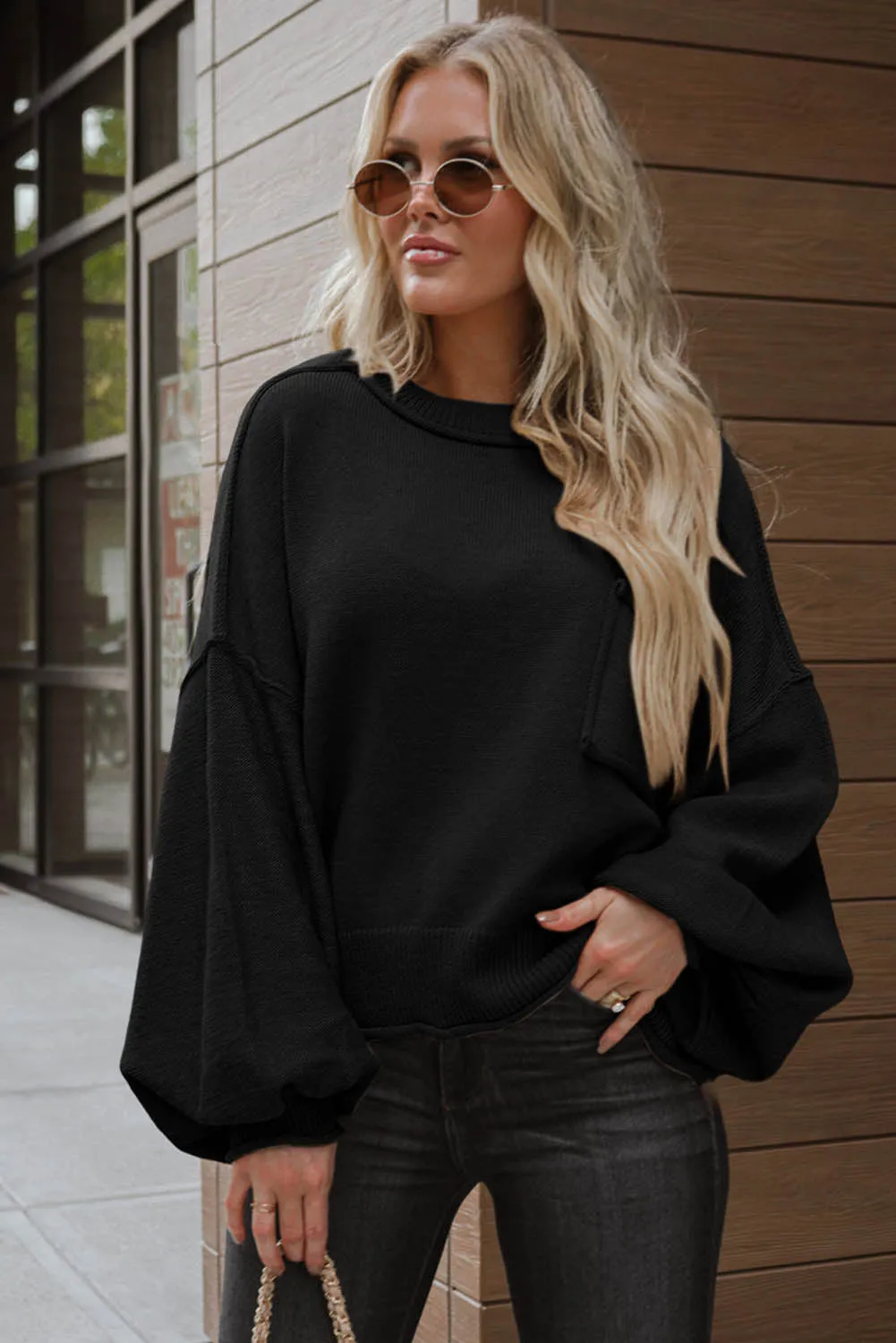 Black Raw Edge Patch Pocket Exposed Seam Loose Sweater