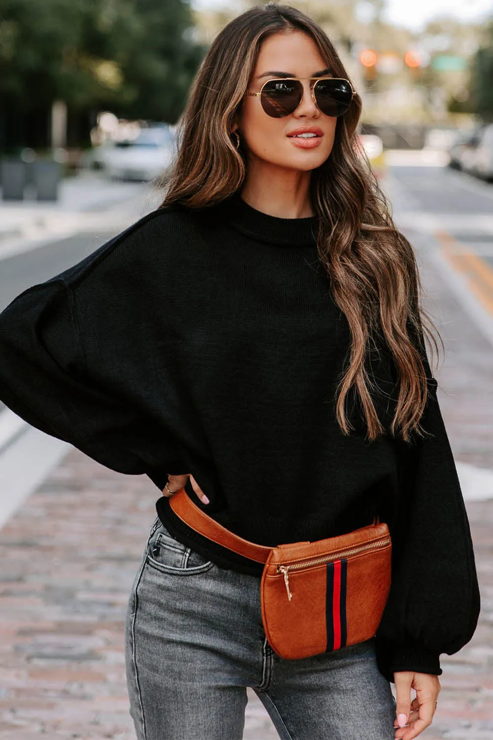 Black Raw Edge Patch Pocket Exposed Seam Loose Sweater