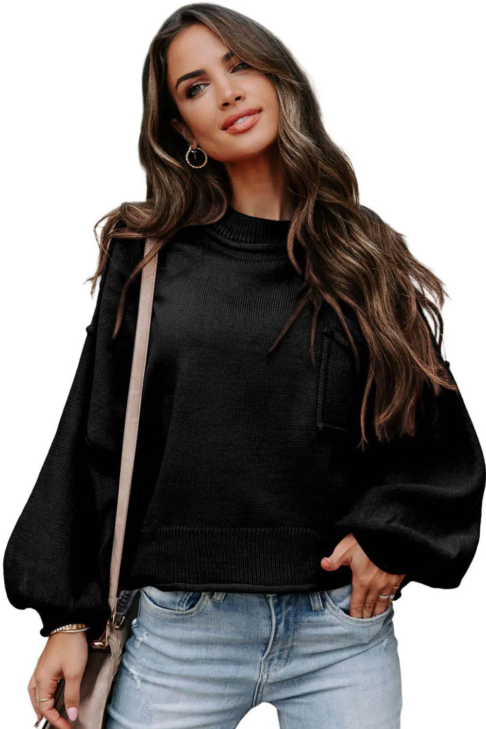Black Raw Edge Patch Pocket Exposed Seam Loose Sweater