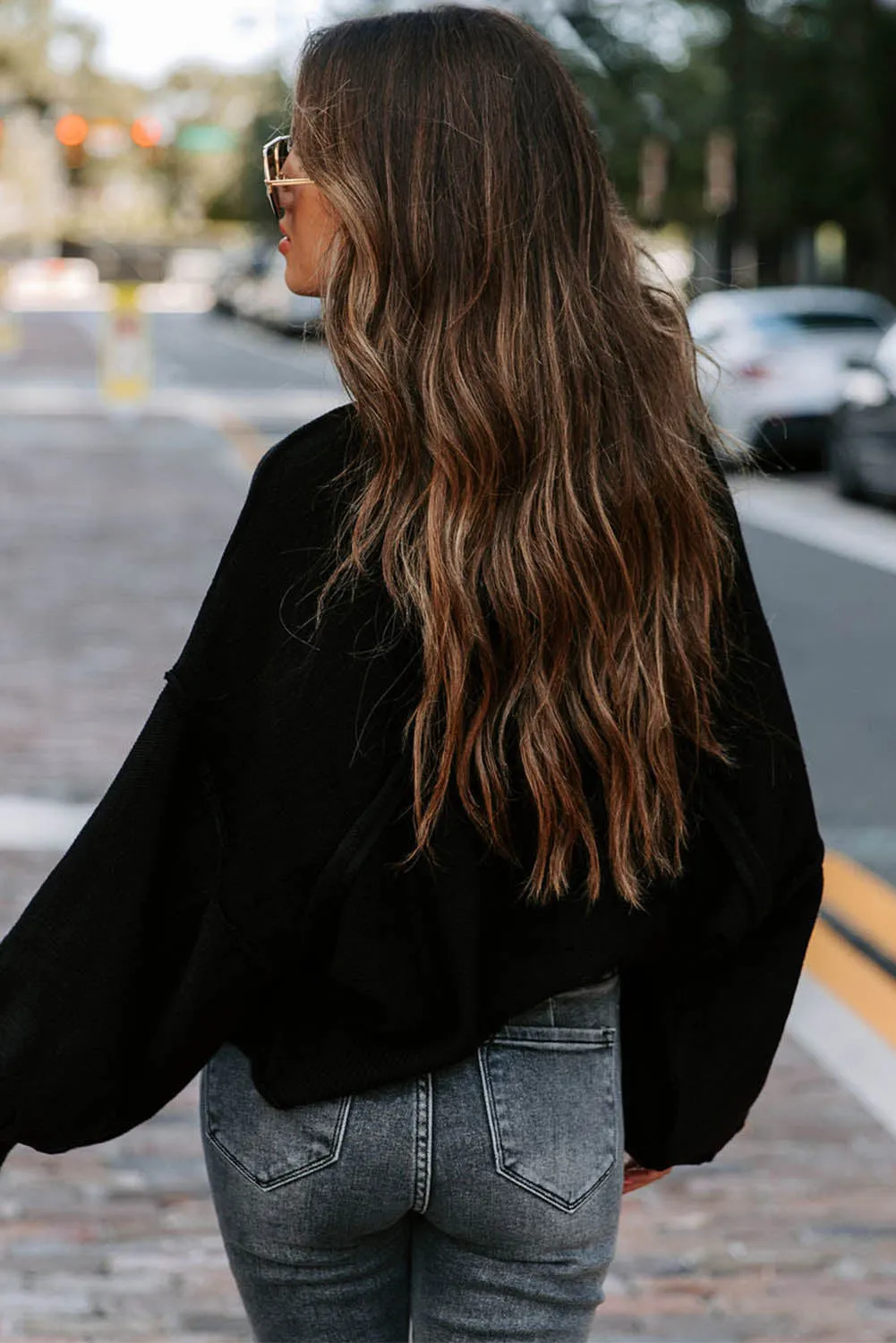 Black Raw Edge Patch Pocket Exposed Seam Loose Sweater