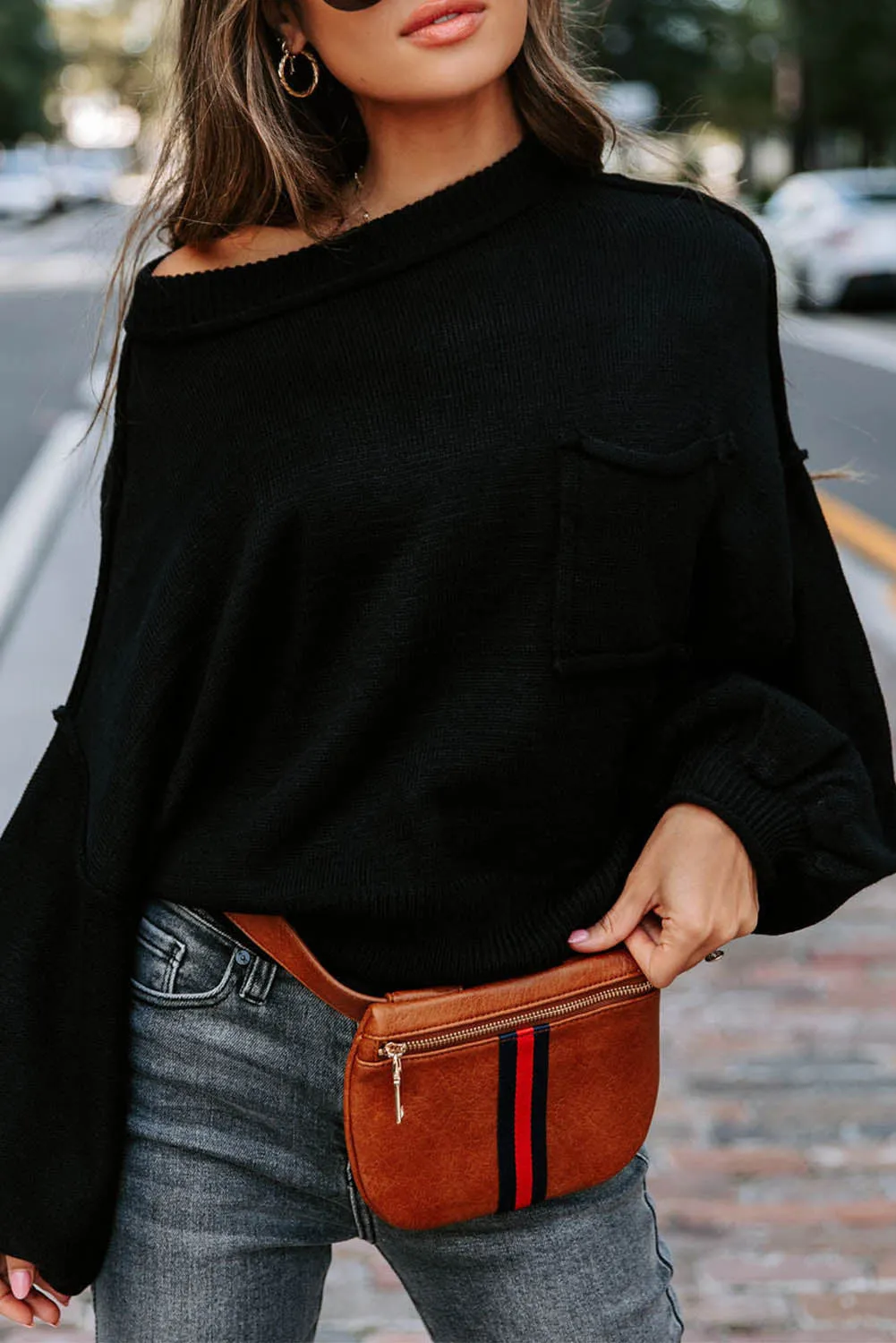 Black Raw Edge Patch Pocket Exposed Seam Loose Sweater