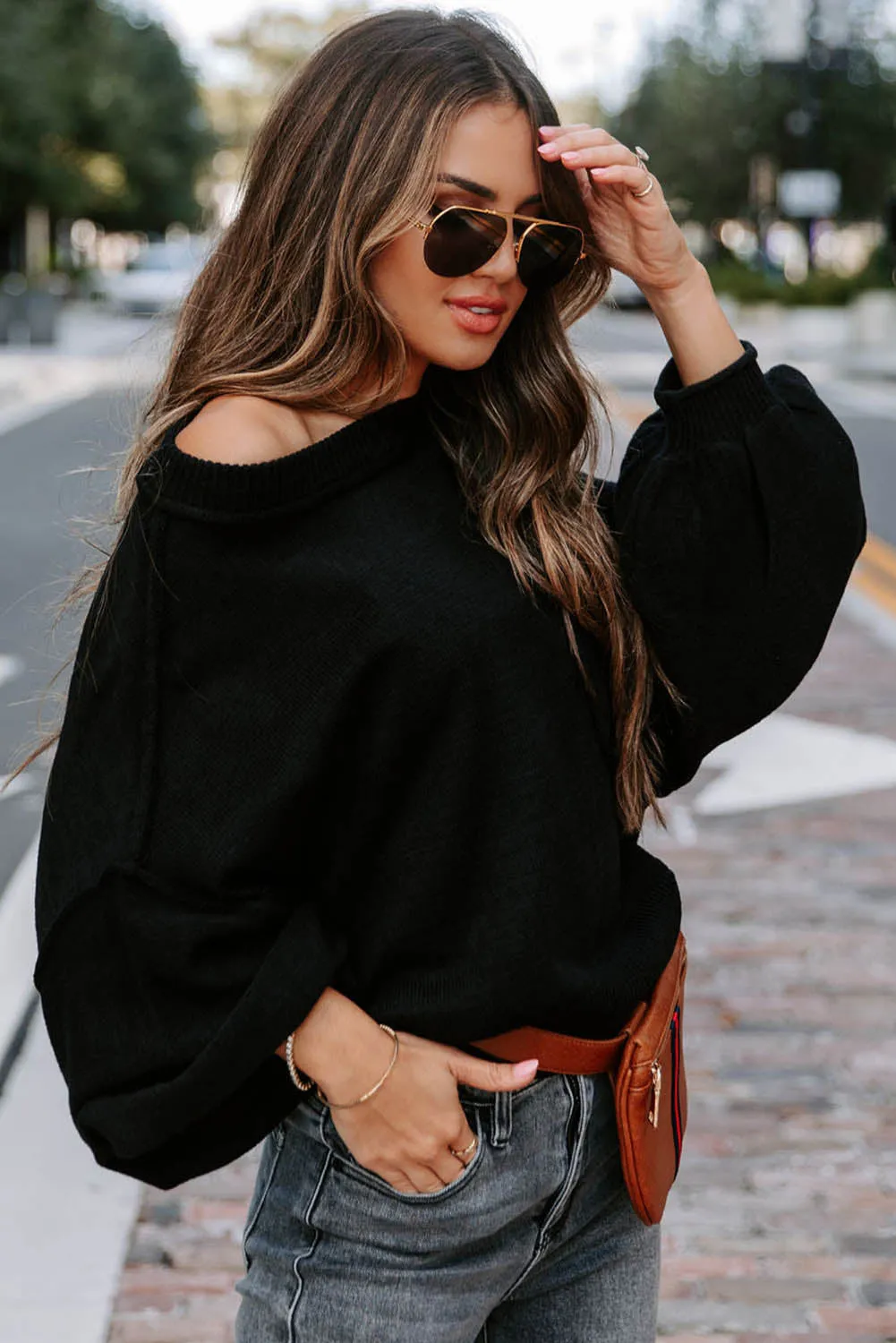 Black Raw Edge Patch Pocket Exposed Seam Loose Sweater