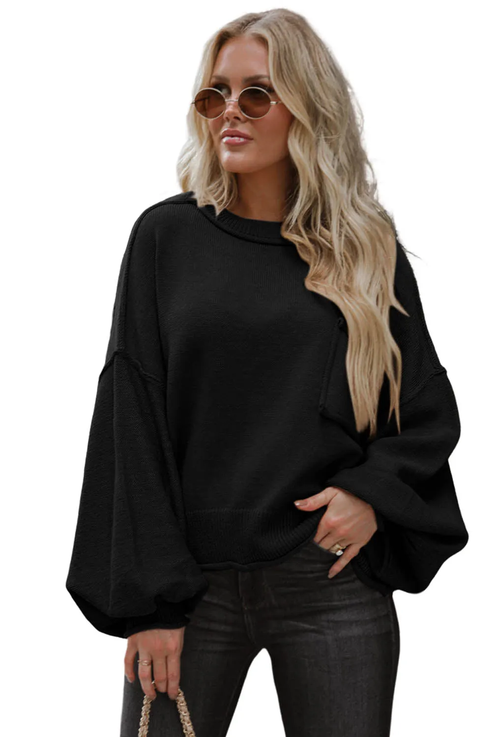 Black Raw Edge Patch Pocket Exposed Seam Loose Sweater