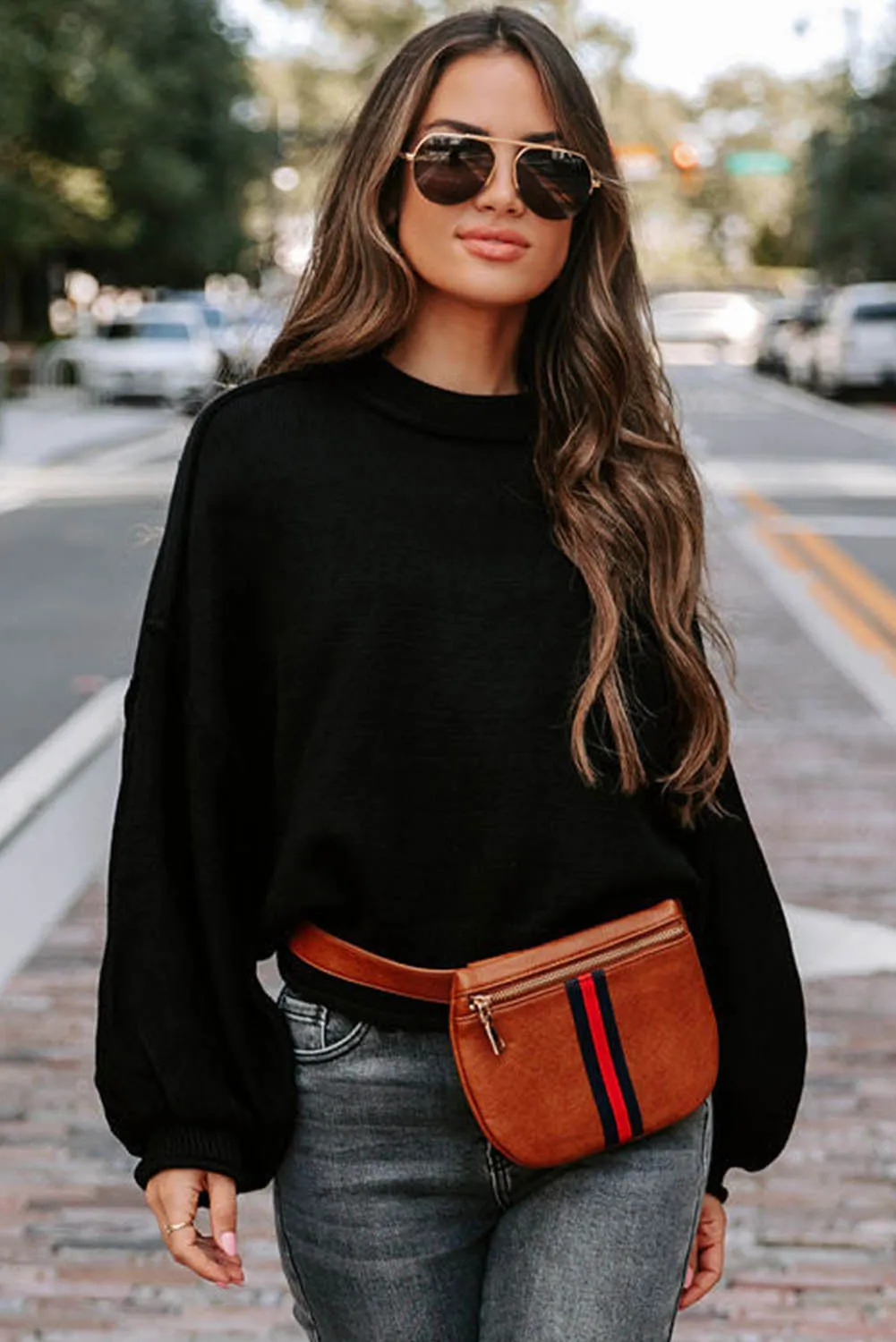 Black Raw Edge Patch Pocket Exposed Seam Loose Sweater