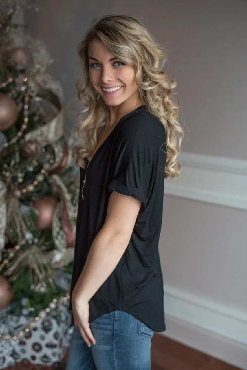 Black Slouchy V-Neck Top