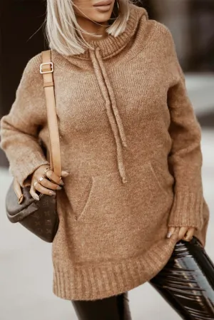 Brown Cowl Neck Drawstring Pullover Hooded Sweater