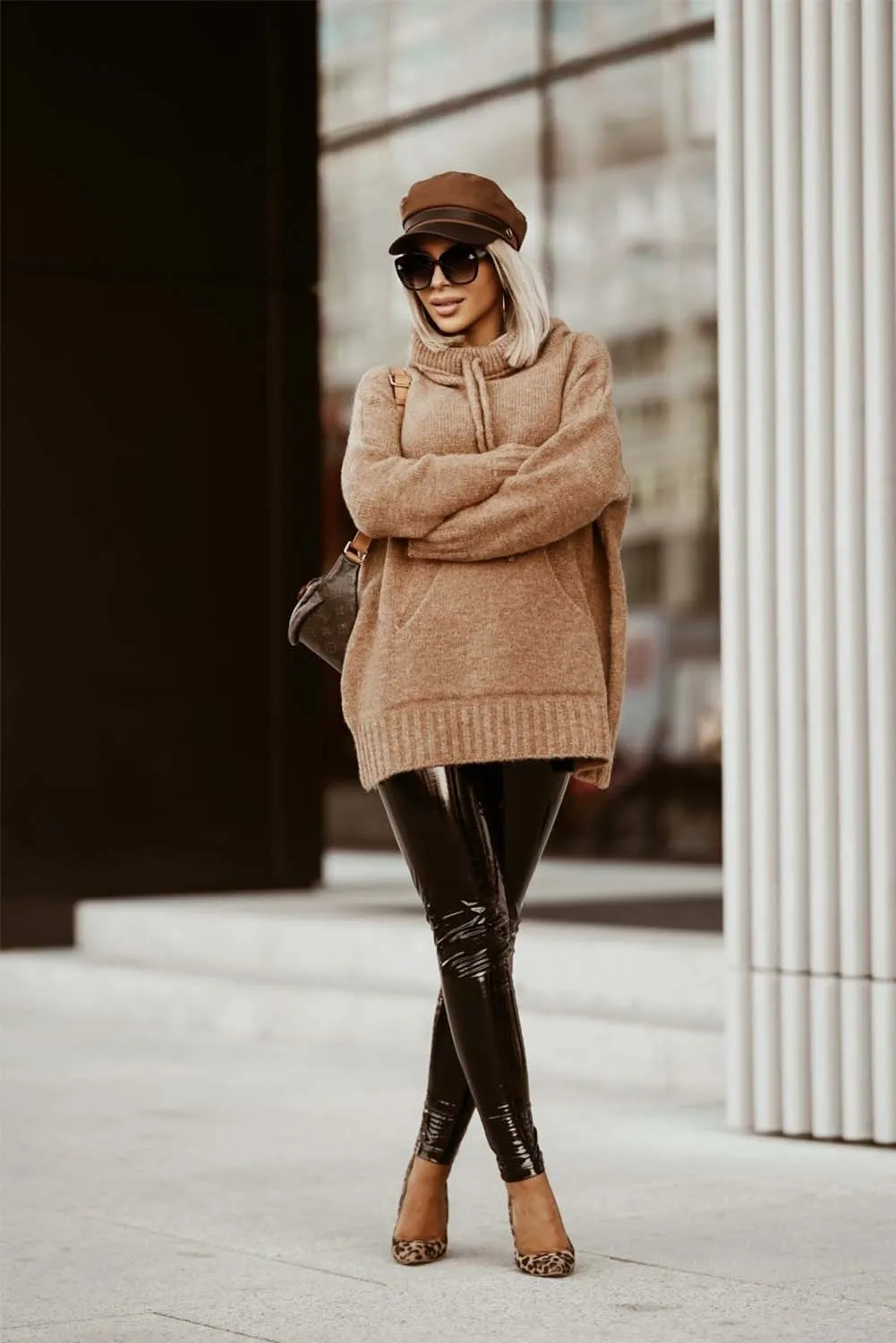 Brown Cowl Neck Drawstring Pullover Hooded Sweater