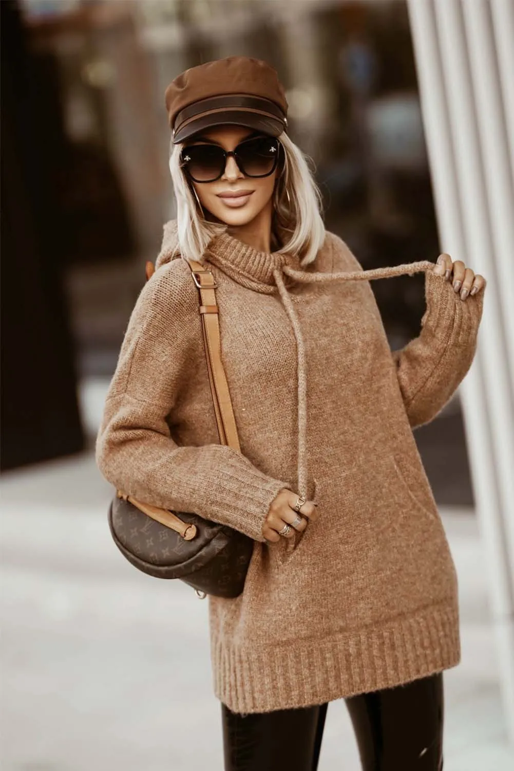 Brown Cowl Neck Drawstring Pullover Hooded Sweater