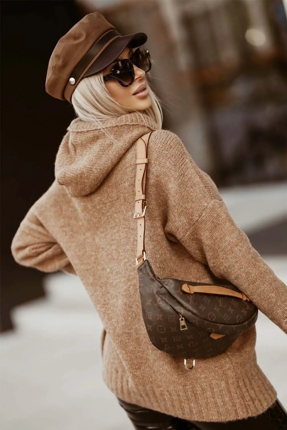 Brown Cowl Neck Drawstring Pullover Hooded Sweater