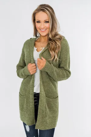 Cozy For The Season Hooded Cardigan- Olive