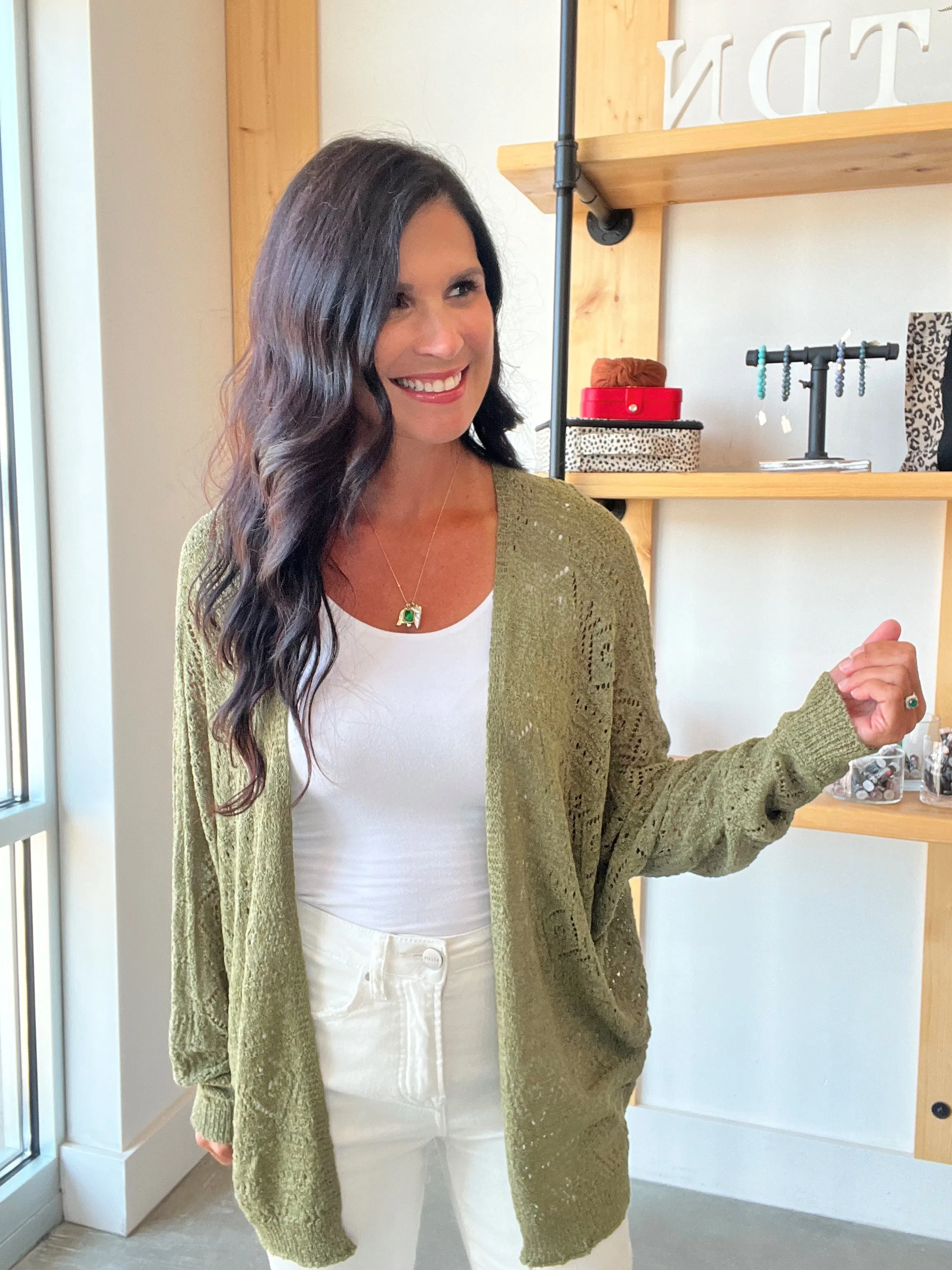 Crochet Knit Slouchy Cardigan in Olive