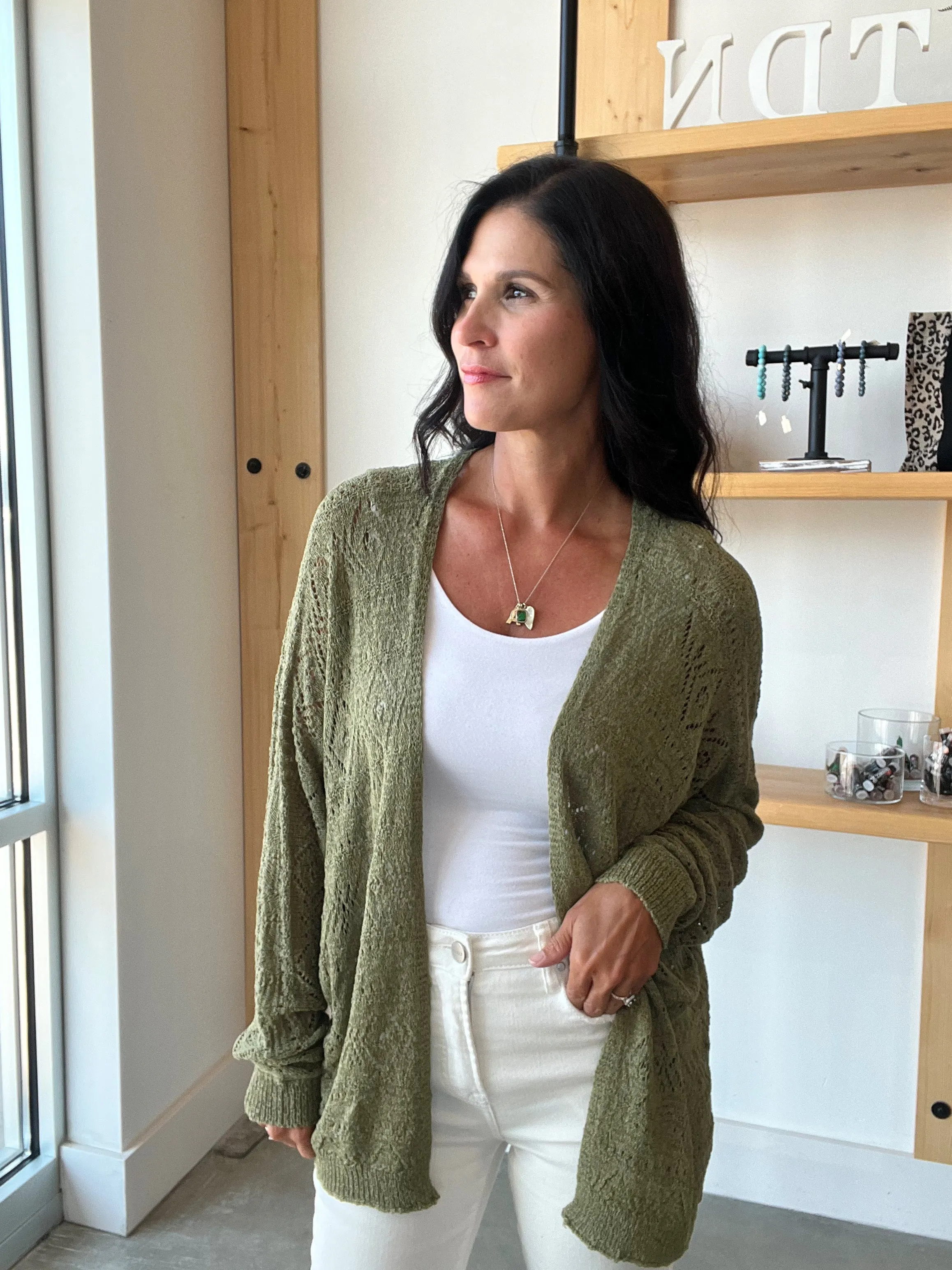 Crochet Knit Slouchy Cardigan in Olive