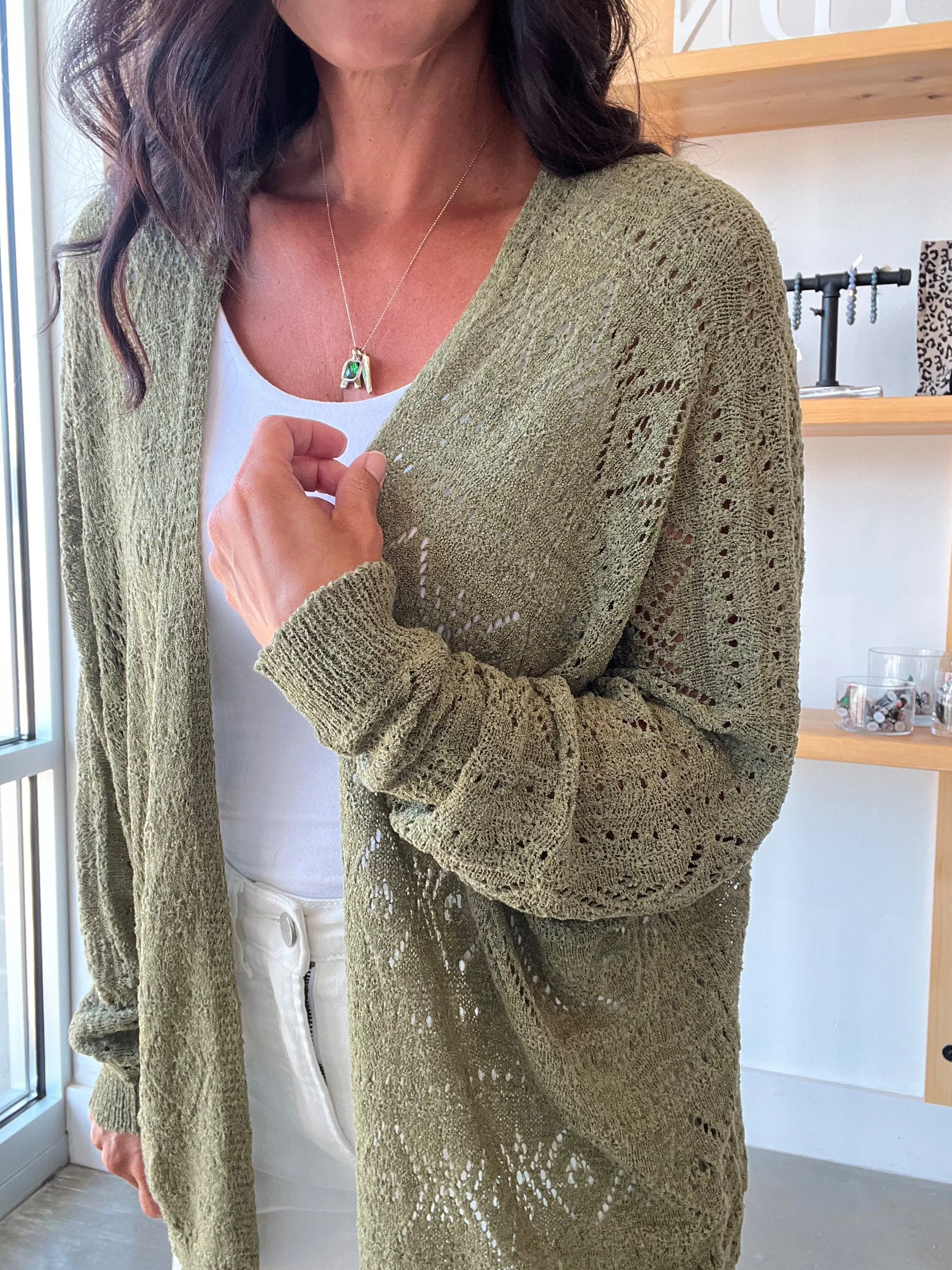 Crochet Knit Slouchy Cardigan in Olive