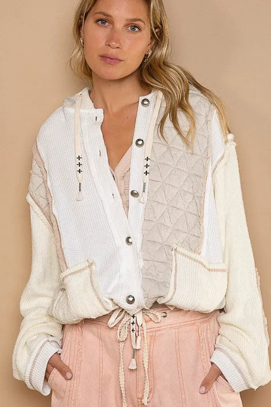 Cut sew multi fabric hooded button down