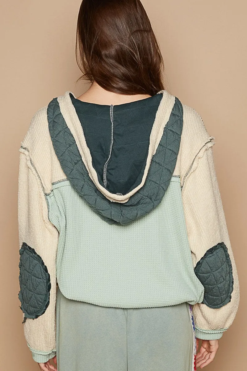 Cut sew multi fabric hooded button down