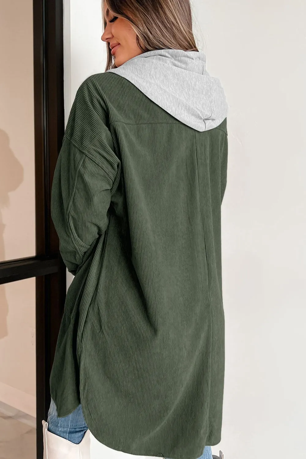 Drawstring Button Up Hooded Jacket