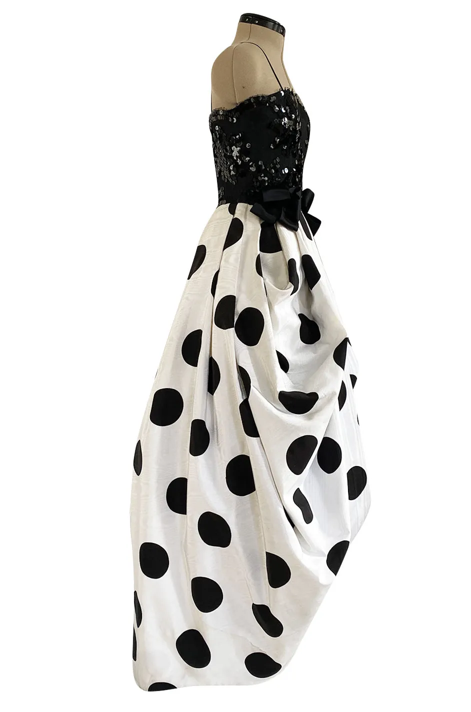 Early 1980s Possible Louis Feraud Graphic Sequin Bodice w Black & White Dotted Bubble Skirt Dress