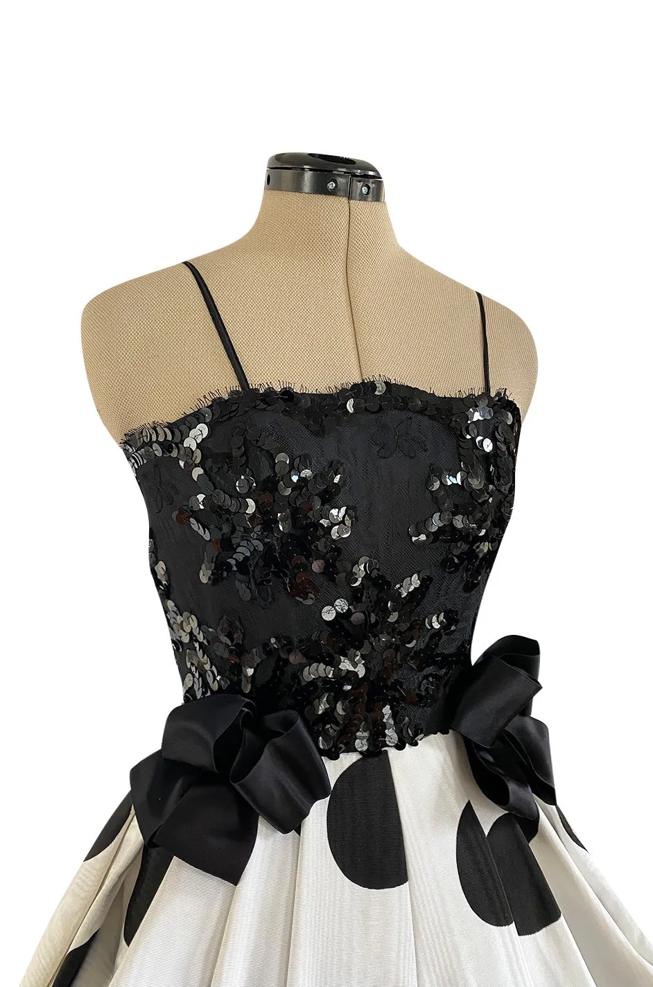 Early 1980s Possible Louis Feraud Graphic Sequin Bodice w Black & White Dotted Bubble Skirt Dress