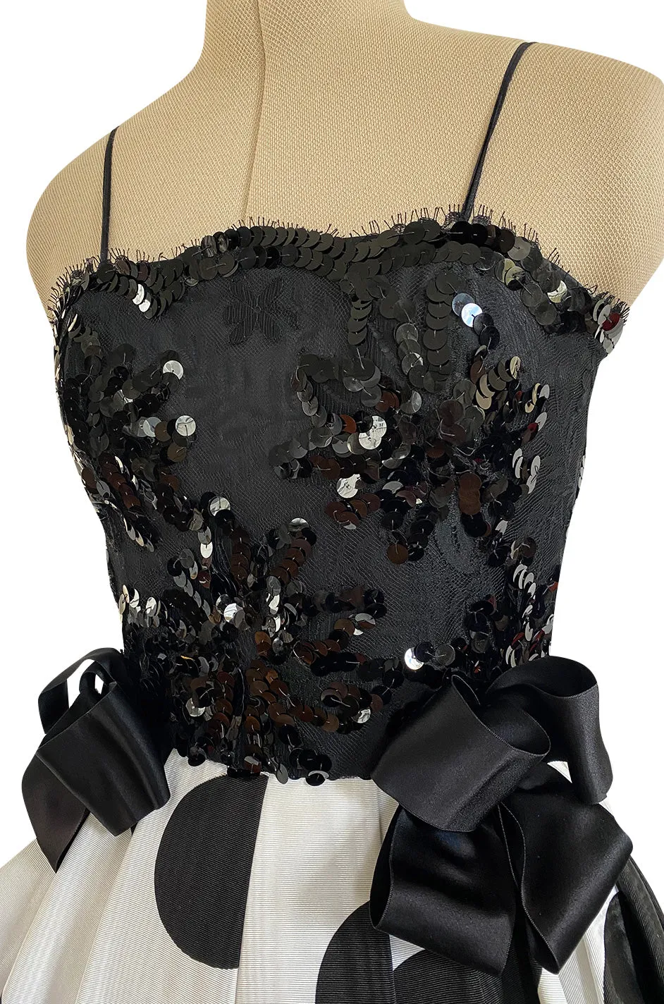 Early 1980s Possible Louis Feraud Graphic Sequin Bodice w Black & White Dotted Bubble Skirt Dress