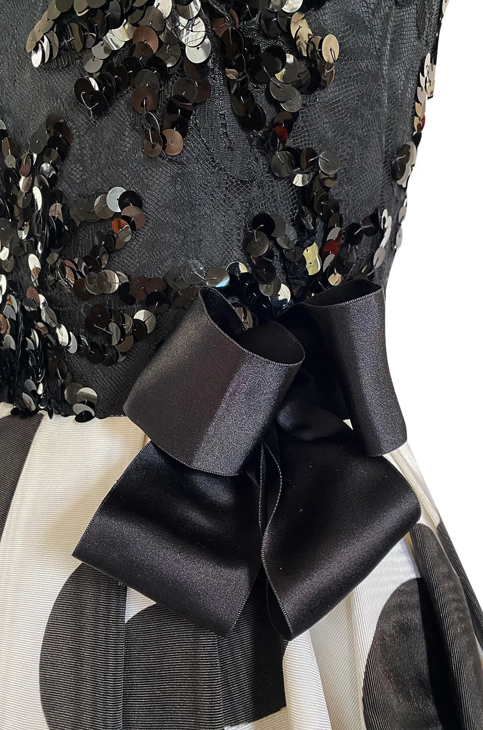 Early 1980s Possible Louis Feraud Graphic Sequin Bodice w Black & White Dotted Bubble Skirt Dress