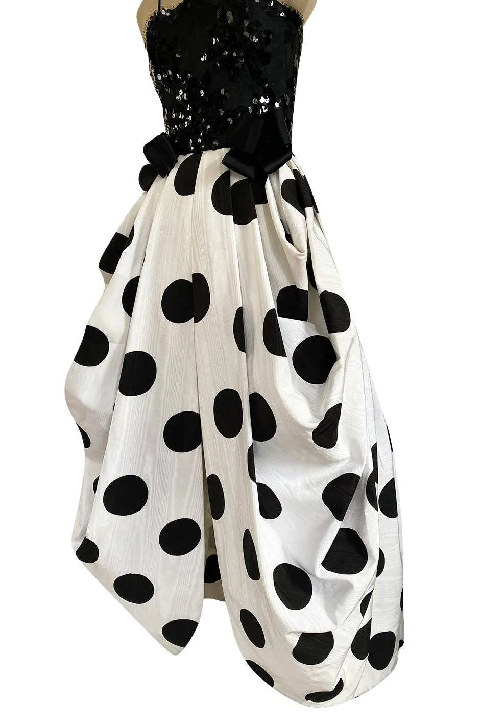 Early 1980s Possible Louis Feraud Graphic Sequin Bodice w Black & White Dotted Bubble Skirt Dress