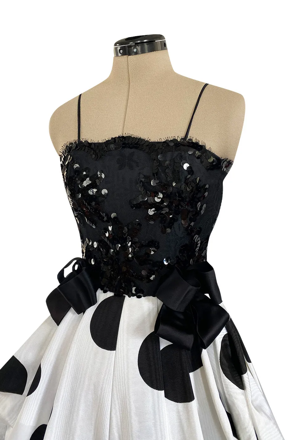 Early 1980s Possible Louis Feraud Graphic Sequin Bodice w Black & White Dotted Bubble Skirt Dress
