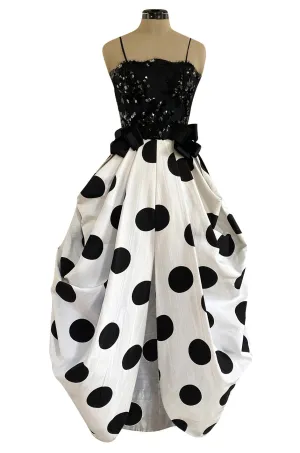 Early 1980s Possible Louis Feraud Graphic Sequin Bodice w Black & White Dotted Bubble Skirt Dress