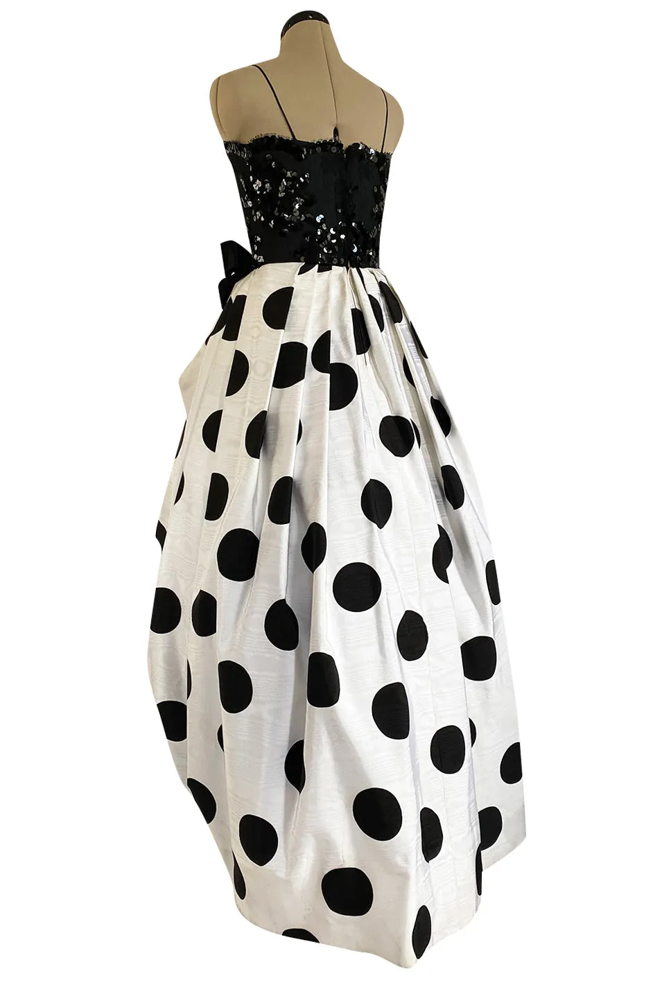 Early 1980s Possible Louis Feraud Graphic Sequin Bodice w Black & White Dotted Bubble Skirt Dress