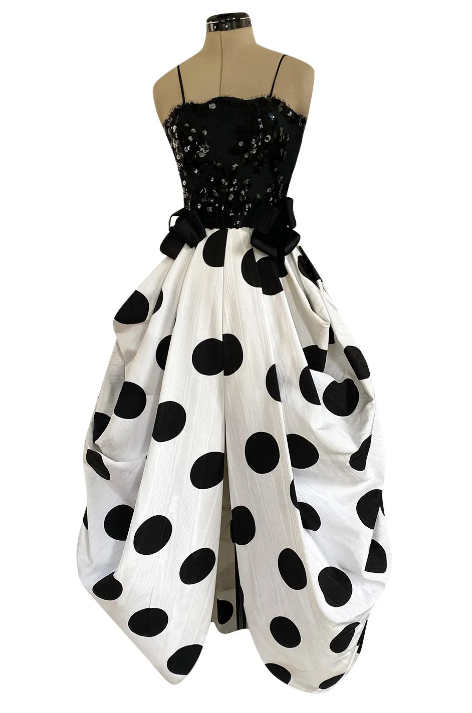 Early 1980s Possible Louis Feraud Graphic Sequin Bodice w Black & White Dotted Bubble Skirt Dress