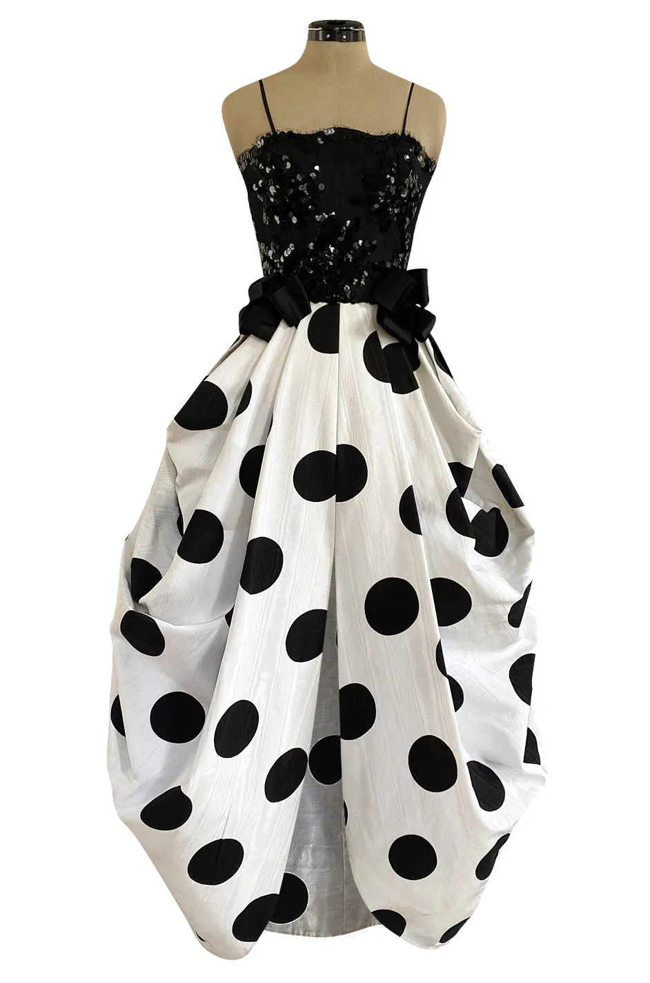 Early 1980s Possible Louis Feraud Graphic Sequin Bodice w Black & White Dotted Bubble Skirt Dress