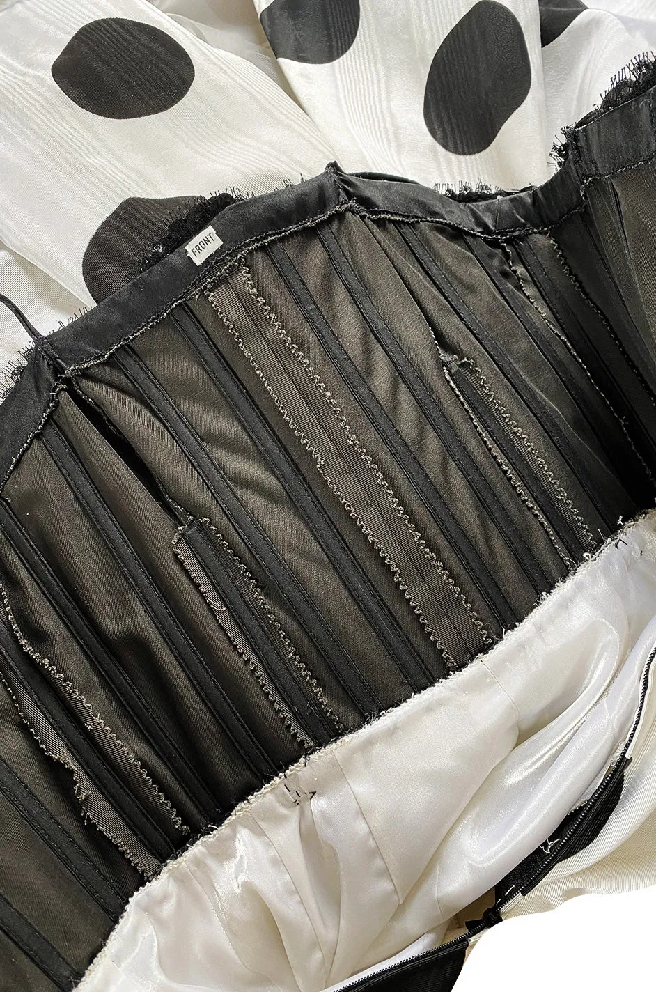 Early 1980s Possible Louis Feraud Graphic Sequin Bodice w Black & White Dotted Bubble Skirt Dress