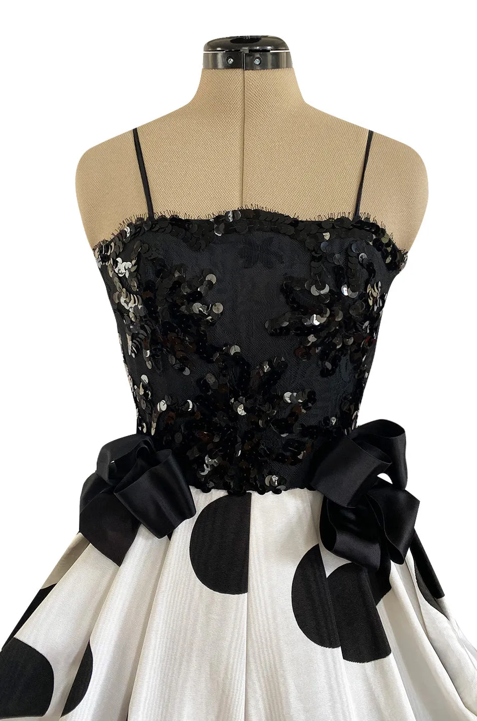 Early 1980s Possible Louis Feraud Graphic Sequin Bodice w Black & White Dotted Bubble Skirt Dress
